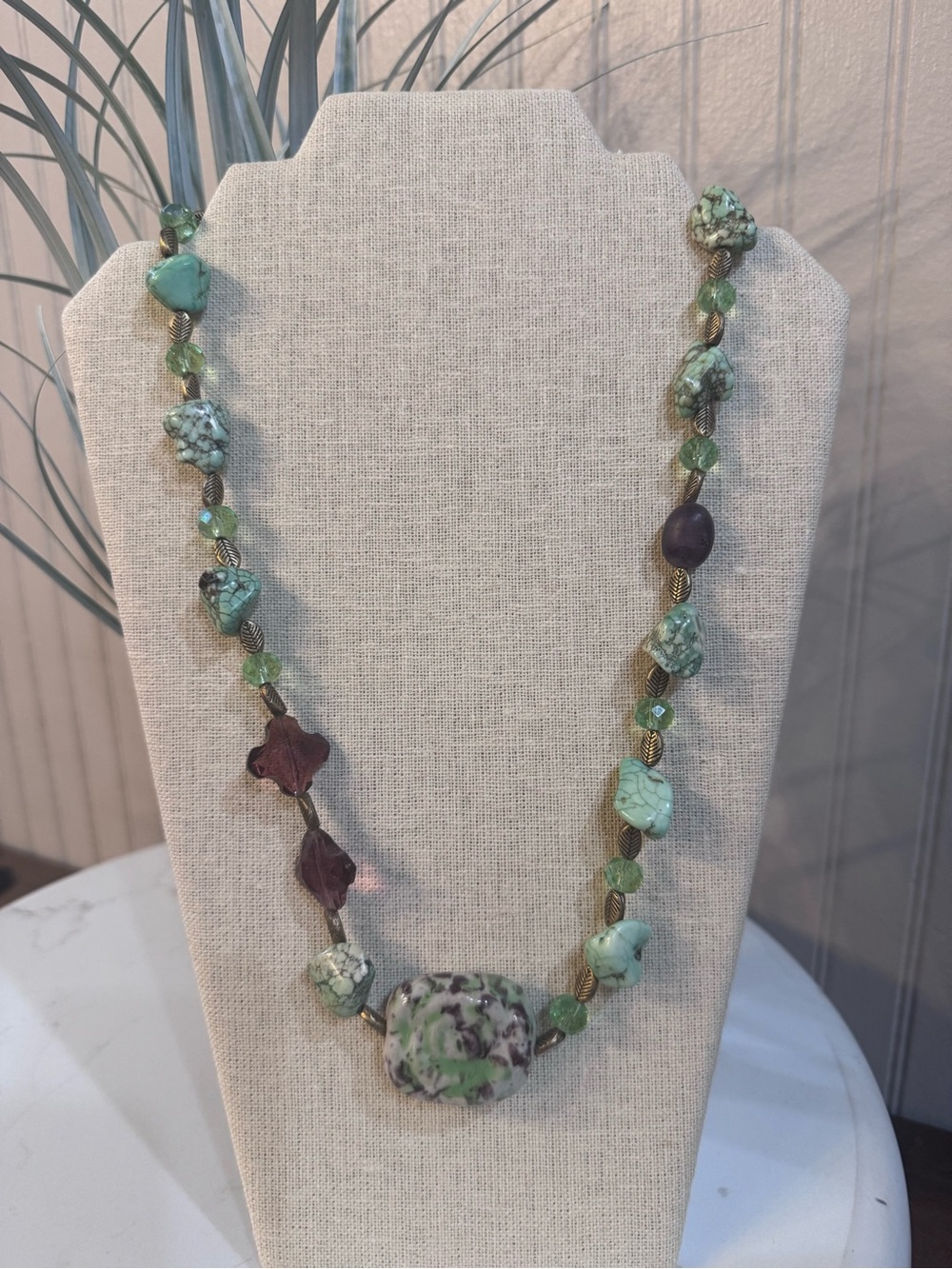 Long Polished Stone Faux Turquoise Beaded Necklace 24"